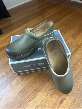 Dansko Olive Leather Slip-On Clogs